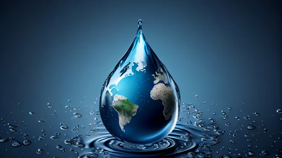 Eine Erdkugel in Form eines Wassertropfens fällt ins Meer.